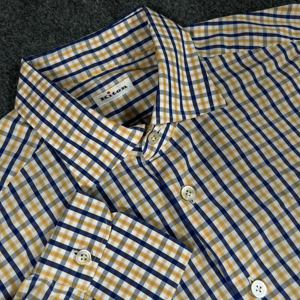 KITON Mens $795 Poplin Cotton Sport Shirt Yellow Blue Sz Large Italy Made